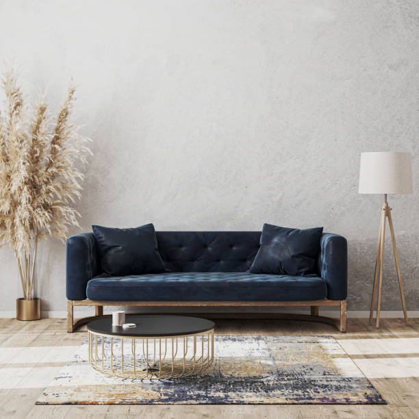 istock Modern living room luxury interior design mock up with dark blue sofa, decorative rug, floor lamp and stylish decoration, empty gray wall mockup, living room interior background, 3d rendering 1279482356