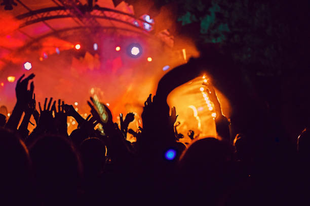 抽象的なぼかし雰囲気:屋外音楽祭のコンサートを楽しむ幸せな人々は、手を挙げ、喜びの拍手、アクティブなナイトライフコンセプト、ステージ上の光と影の遊び - popular music concert crowd music festival spectator ストックフォトと画像