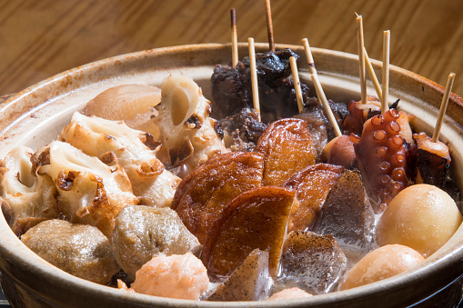 A typical Japanese dish with Oden eating in the cold winter season. Some eggs, radishes, kneaded materials are contained.