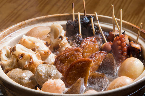 Oden A typical Japanese dish with Oden eating in the cold winter season. Some eggs, radishes, kneaded materials are contained. chikuwa stock pictures, royalty-free photos & images