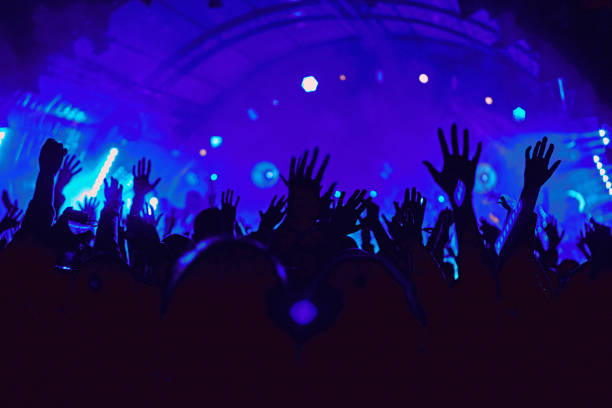 抽象的なぼかし雰囲気:屋外音楽祭のコンサートを楽しむ幸せな人々は、手を挙げ、喜びの拍手、アクティブなナイトライフコンセプト、ステージ上の光と影の遊び - popular music concert crowd music festival spectator ストックフォトと画像