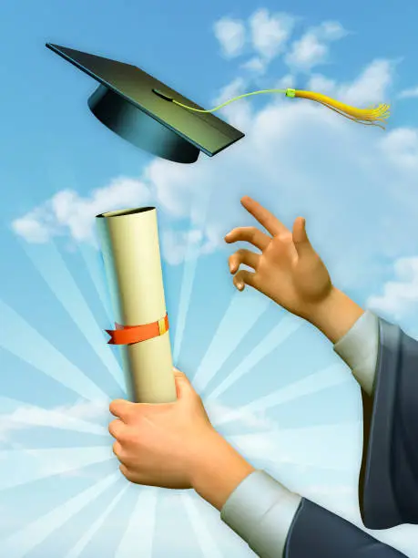 Graduate holding up diploma and celebrating. 3D illustration.