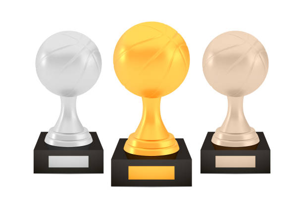 ilustrações, clipart, desenhos animados e ícones de vencedor do basquete, taças de troféu de bronze de prata em arquibancadas com placas vazias - gold ball sphere basketball