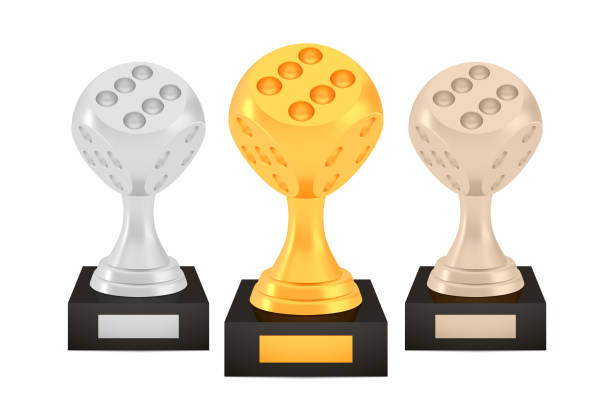 illustrazioni stock, clip art, cartoni animati e icone di tendenza di set di premi dadi vincitore, coppe trofeo bronzo argento oro sugli spalti con piatti vuoti - medal achievement russia second place