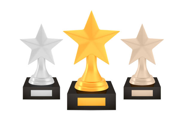 gewinner stern preise gesetzt, gold silber bronze trophäen becher auf ständen mit leeren platten - bronze star stock-grafiken, -clipart, -cartoons und -symbole