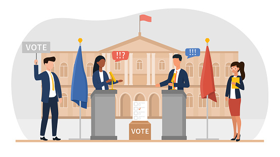 A man and a woman hold an election debate encouraging their supporters to vote for them. Flat cartoon vector illustration.
