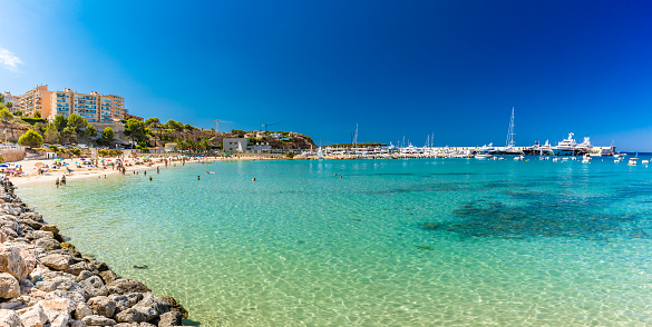 Port Adriano sandy beach in summer, El Toro, Majorca, Balearic Islands, Spain