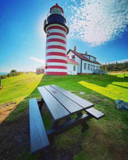 West Quoddy Head Lighthouse in Lubec, Maine  USA West Quoddy Head, in Quoddy Head State Park, Lubec, Maine, is the easternmost point of the contiguous United States. In 1808 a lighthouse was constructed at the site to guide ships through the Quoddy Narrows. The current tower, with distinctive red-and-white stripes, was constructed in 1858 and is an active aid to navigation. The 3rd order Fresnel lens is the only 3rd order and one of only eight Fresnel lenses still in use on the Maine Coast tart quoddy head state park stock pictures, royalty-free photos & images