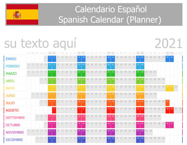ilustraciones, imágenes clip art, dibujos animados e iconos de stock de calendario de planificador español 2021 con meses horizontales - calendar routine personal organizer week