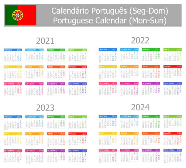 2021-2024 포르투갈어 타입-1 캘린더 월-일 - 포르투갈어 일러스트 stock illustrations
