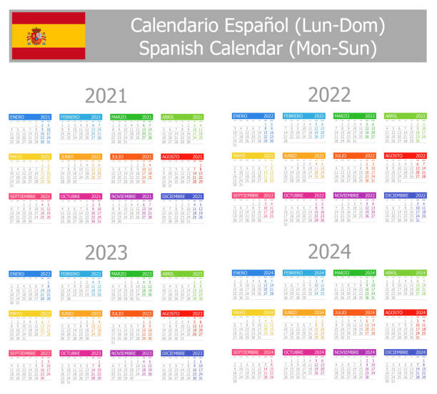 ilustraciones, imágenes clip art, dibujos animados e iconos de stock de 2021-2024 español tipo-1 calendario lun-dom - calendar routine personal organizer week