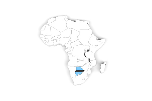 Africa 3d map with borders marked - Botswana area marked with Botswana flag - isolated on white background - 3D Illustration