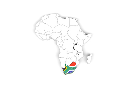 Africa 3d map with borders marked - South Africa area marked with South Africa flag - isolated on white background - 3D Illustration