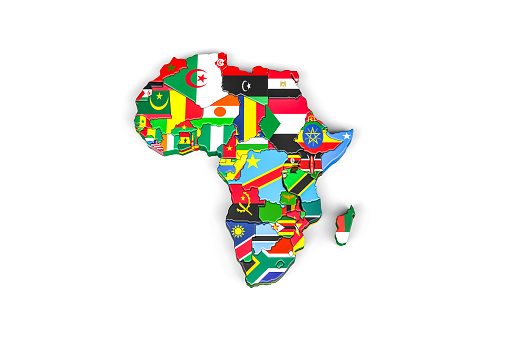 Africa 3d map with borders marked - each country on the map marked with its own flag - isolated on white - 3D Illustration