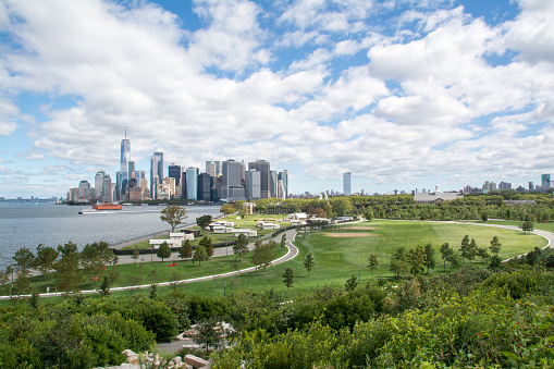 A view of Lower Manhattan and the Hudson River from Outlook Hill on Governor's Island