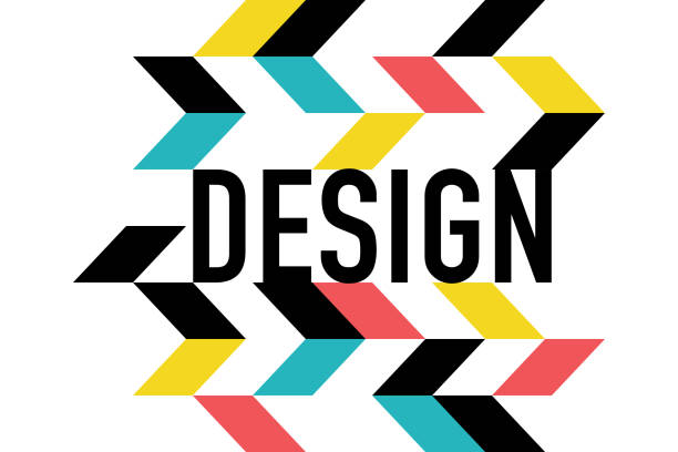 Playful, lively, vibrant graphic design of a word "Design" with arrow / chevron shaped geometric shapes Playful, lively, vibrant graphic design of a word "Design" with arrow / chevron shaped geometric shapes in red, yellow, blue and black colors. Urban typography. chevron stock illustrations