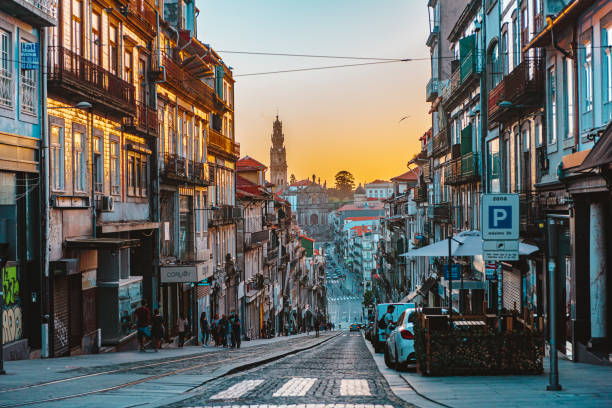 Rue de 31 de Janeiro with the Clérigos Church in Porto at Sunset stock photo