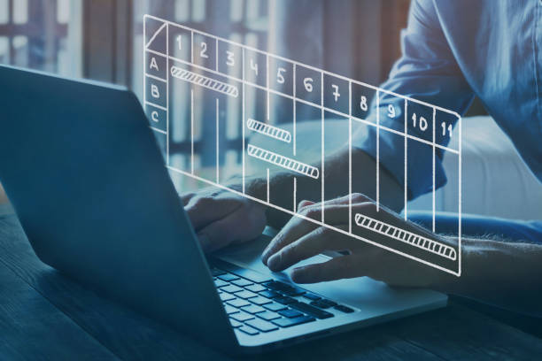 project management concept with gantt chart project management concept with gantt chart, business schedule on virtual screen of computer spy stock pictures, royalty-free photos & images