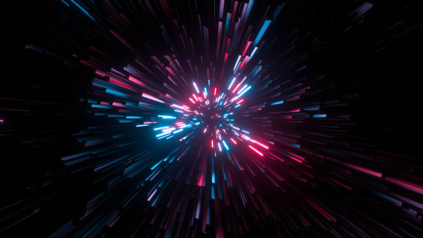 istock Abstract bright creative cosmic background. Hyper jump into another galaxy. Speed of light, neon glowing rays in motion. Beautiful fireworks, colorful explosion, big bang. Falling stars. 3d rendering 1279505843