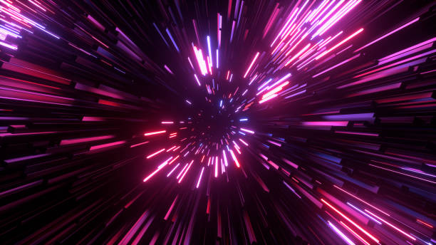 istock Abstract bright creative cosmic background. Hyper jump into another galaxy. Speed of light, neon glowing rays in motion. Beautiful fireworks, colorful explosion, big bang. Falling stars. 3d rendering 1279505848