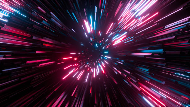 istock Abstract bright creative cosmic background. Hyper jump into another galaxy. Speed of light, neon glowing rays in motion. Beautiful fireworks, colorful explosion, big bang. Falling stars. 3d rendering 1279505860