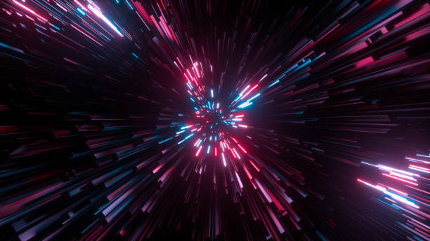 istock Abstract bright creative cosmic background. Hyper jump into another galaxy. Speed of light, neon glowing rays in motion. Beautiful fireworks, colorful explosion, big bang. Falling stars. 3d rendering 1279505877