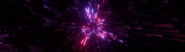 istock Abstract bright creative cosmic wide background. Hyper jump into another galaxy. Speed of light, neon glowing rays in motion. Beautiful fireworks, colorful explosion, big bang. Falling stars. 3d rendering 1279505891