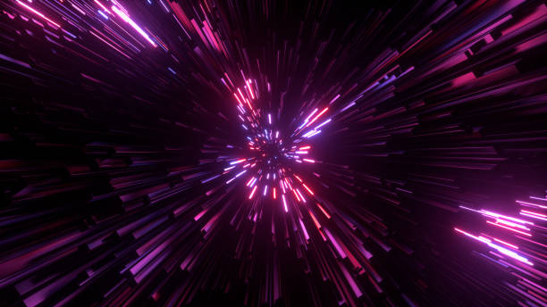 istock Abstract bright creative cosmic background. Hyper jump into another galaxy. Speed of light, neon glowing rays in motion. Beautiful fireworks, colorful explosion, big bang. Falling stars. 3d rendering 1279506144