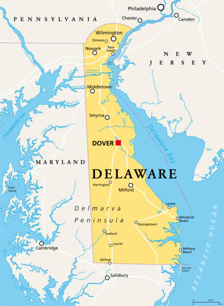 Delaware, DE, political map, The First State Delaware, DE, political map. State in the Mid-Atlantic region of the United States of America. Capital Dover. The First State, The Small Wonder, Blue Hen State, The Diamond State. Illustration. Vector. middletown pennsylvania stock illustrations