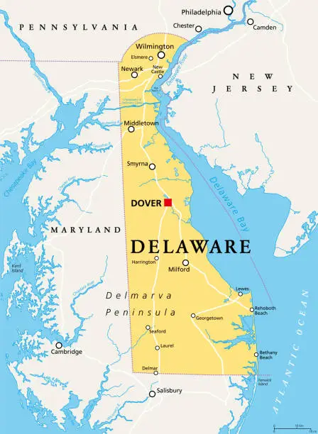 Vector illustration of Delaware, DE, political map, The First State