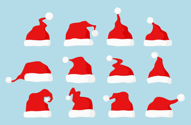 Santa hats big set. Red Santa Claus cap collection. Santa hats set. Red Santa Claus cap collection for holiday xmas and new year. Vector illustration. religious saint stock illustrations