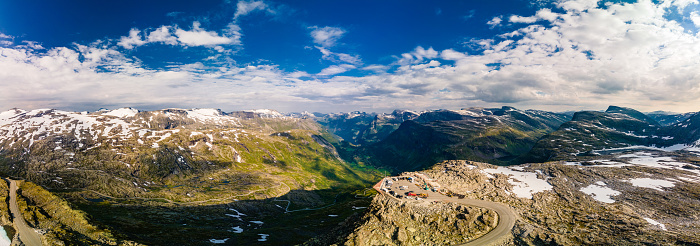 Panoramic view of Geirangerfjord and mountains landscape from the Dalsnibba Plateau viewpoint, Norway Scandinavia.