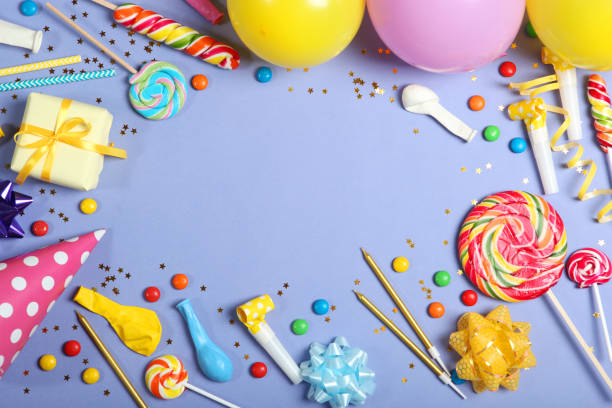 istock Flatlay composition with accessories for a party or birthday on a colored background with place for text top view. 1279509556