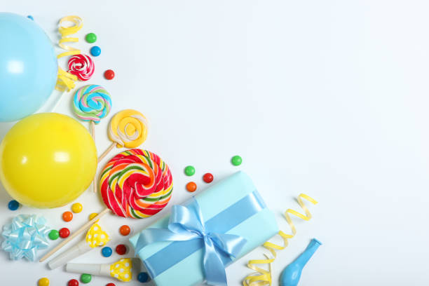 istock Flatlay composition with accessories for a party or birthday on a light background with place for text top view. 1279509571