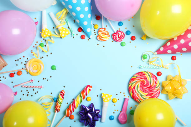 istock Flatlay composition with accessories for a party or birthday on a colored background with place for text top view. 1279509574