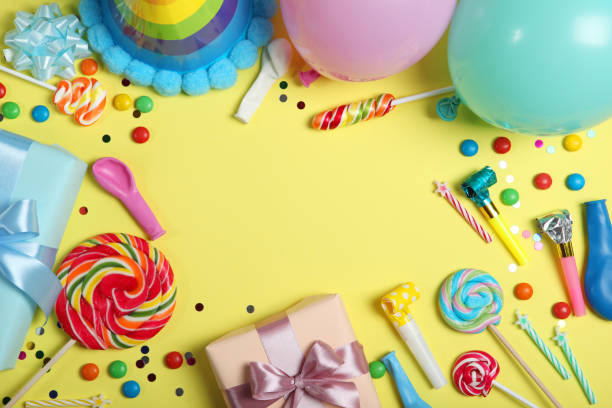istock Flatlay composition with accessories for a party or birthday on a colored background with place for text top view. 1279509579