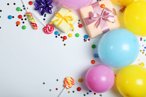 istock Flatlay composition with accessories for a party or birthday on a light background with place for text top view. 1279509590