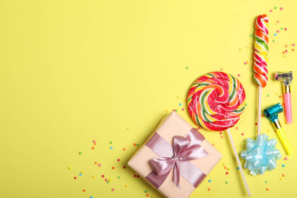istock Flatlay composition with accessories for a party or birthday on a colored background with place for text top view. 1279509593