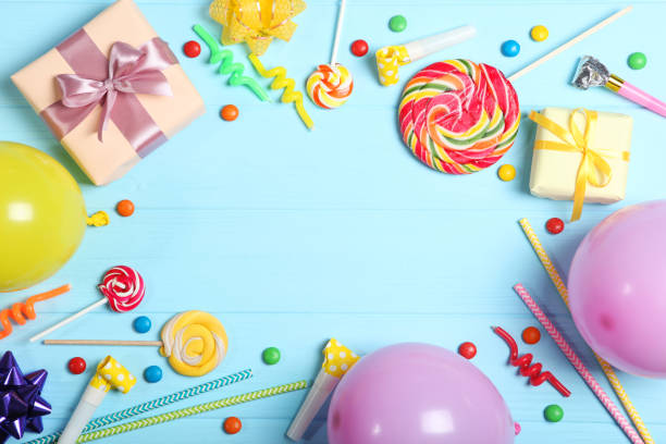 istock Flatlay composition with accessories for a party or birthday on a colored background with place for text top view. 1279509605