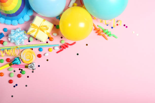 istock Flatlay composition with accessories for a party or birthday on a colored background with place for text top view. 1279509629