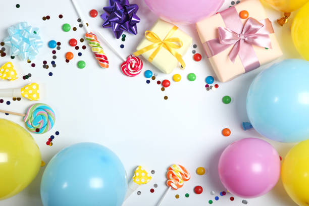 istock Flatlay composition with accessories for a party or birthday on a light background with place for text top view. 1279509630