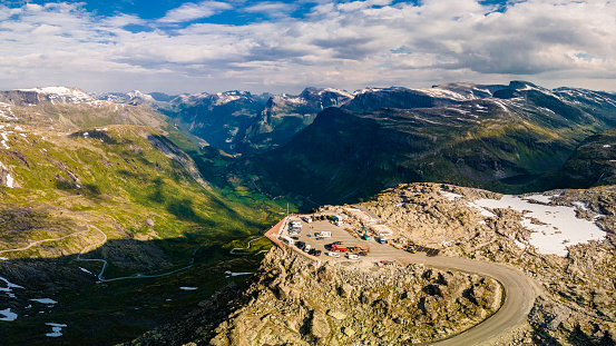 Panoramic view of Geirangerfjord and mountains landscape from the Dalsnibba Plateau viewpoint, Norway Scandinavia.
