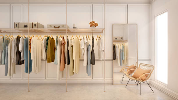 istock Walk in closet.White wall background with chair and mirror.3d rendering 1279511317