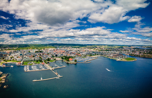 Drone view of Kristiansand town and Kvadraturen from Oderoya, Norway