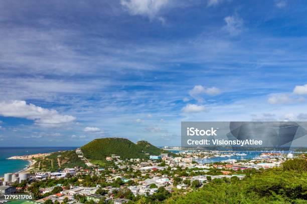 View From A Hilltop Of St Maartin Netherlands Antilles With A View Of The City And Marina Below And The Airport In The Distance Stock Photo - Download Image Now