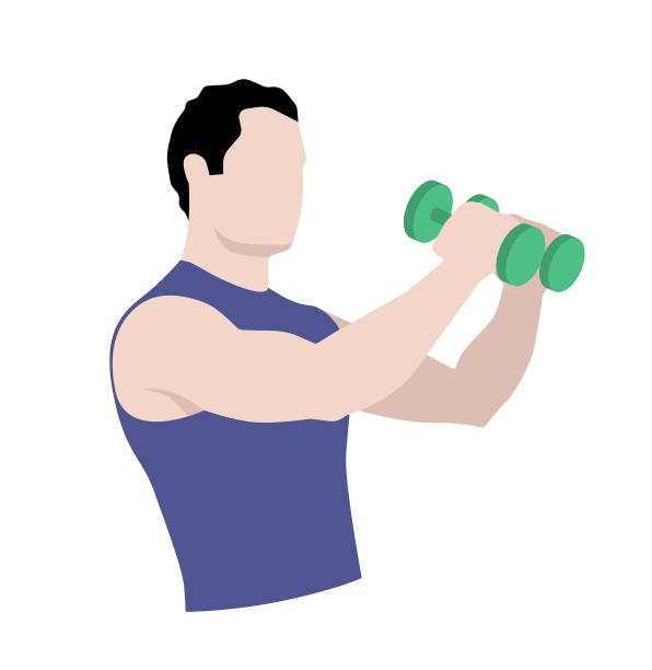 ilustrações, clipart, desenhos animados e ícones de musculoso homem fitness treinamento e fazendo exercícios com pesos de academia, halteres. ilustração vetorial estilo plano. - white background dumbbell the human body human arm