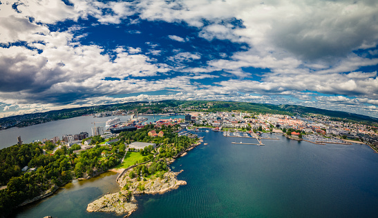 Drone view of Kristiansand town and Kvadraturen from Oderoya, Norway