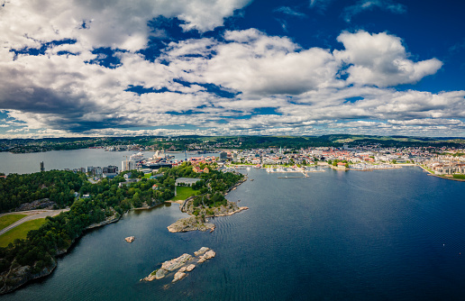 Drone view of Kristiansand town and Kvadraturen from Oderoya, Norway