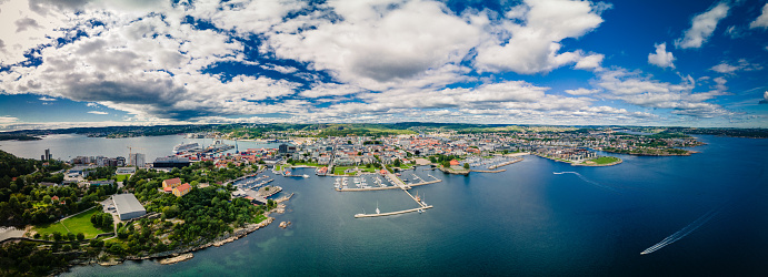 Drone view of Kristiansand town and Kvadraturen from Oderoya, Norway