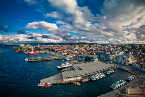 Aerial drone panoramic view of Stavanger city center, downtown.